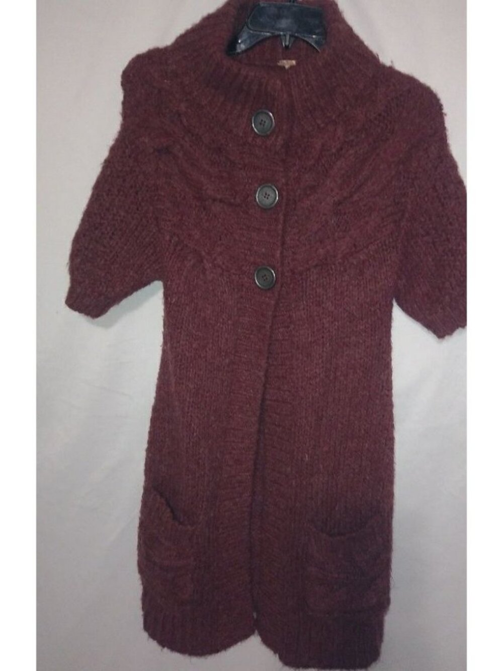 Free People XS Wine Berry Puff Sleeve Big Knit Cardigan Sweater